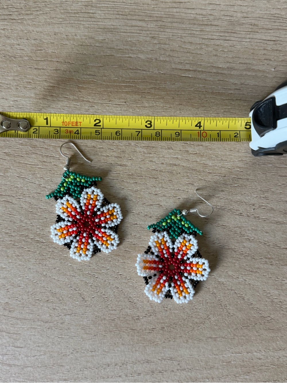 Handmade Beaded Floral Drop Earrings - Green, White, Red, Orange